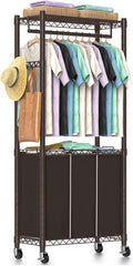 3-Section Laundry Sorter With Hanging Bar, Rolling Hamper Cart, Basket Organizer, Hanging Rack, Lockable Wheels and Removable Bags for Clothes Storage, Espresso