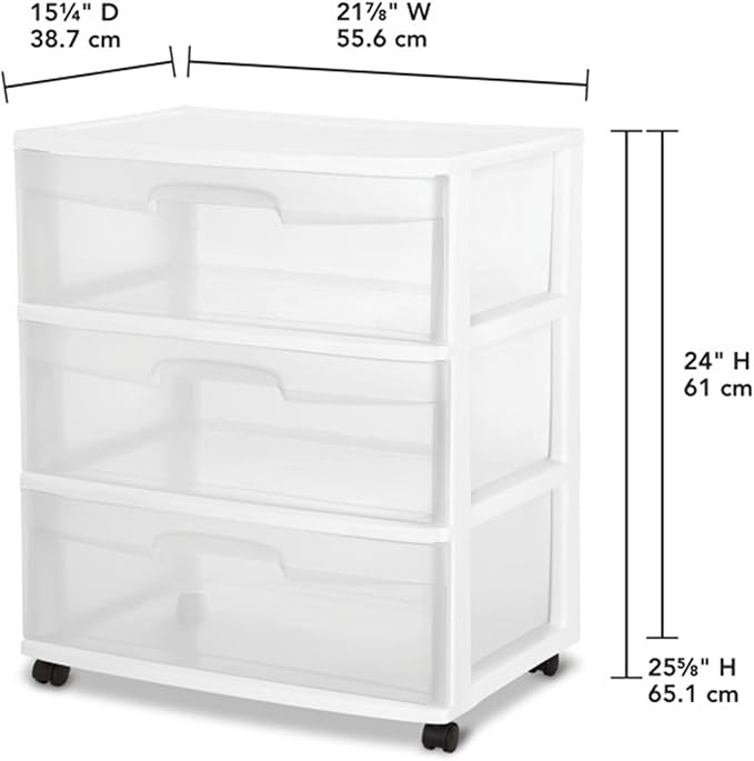 Sterilite Wide 3 Drawer Storage with Wheels, Plastic Rolling Organization Cart, White Frame