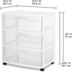 Sterilite Wide 3 Drawer Storage with Wheels, Plastic Rolling Organization Cart, White Frame