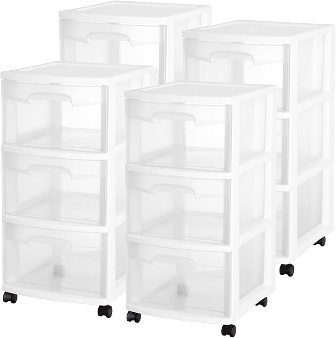 Sterilite 4 Pack Plastic Storage Organizer, 3 Drawer Rolling Bin Cart, Closet Organization, White