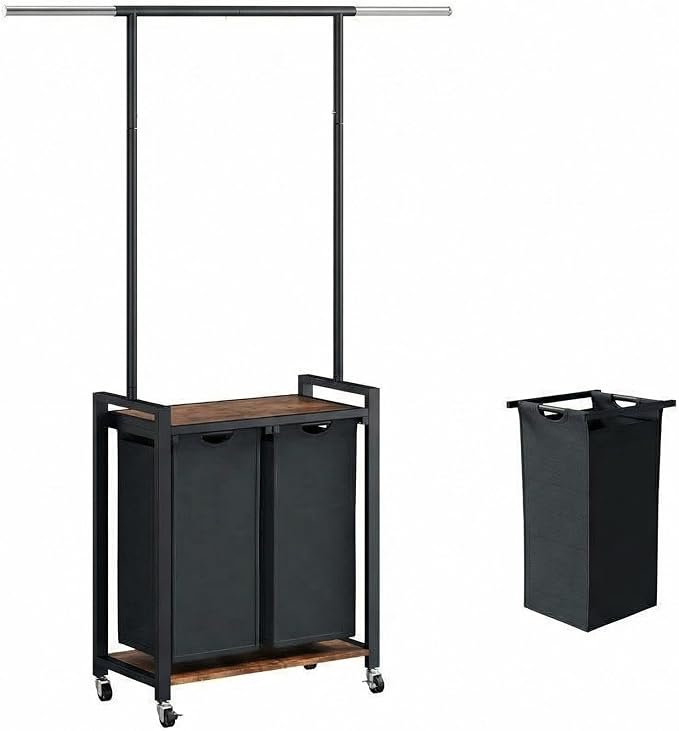 Rolling Laundry Sorter Hamper with Hanging Rack, 2-Section Clothes Organizer Cart with Top Shelf and Lockable Wheels, Heavy Duty Large Basket for Bathroom Bedroom