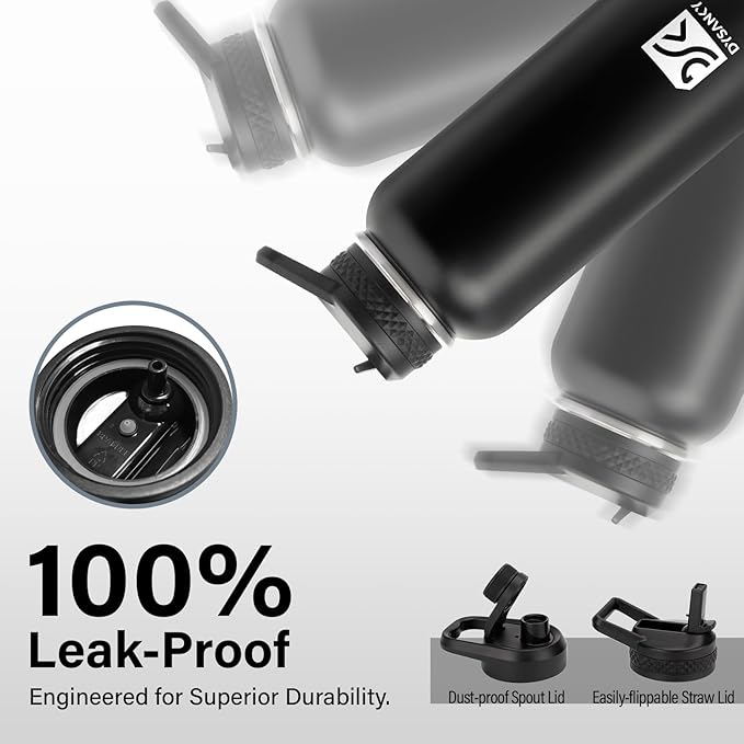 32 oz Insulated Water Bottle | Thickened Stainless Steel Vacuum Metal | Portable Sports Water Jug for Gym and Hiking with Straw, Carrier Bag, Handle Strap | BPA-Free 32 oz, Black