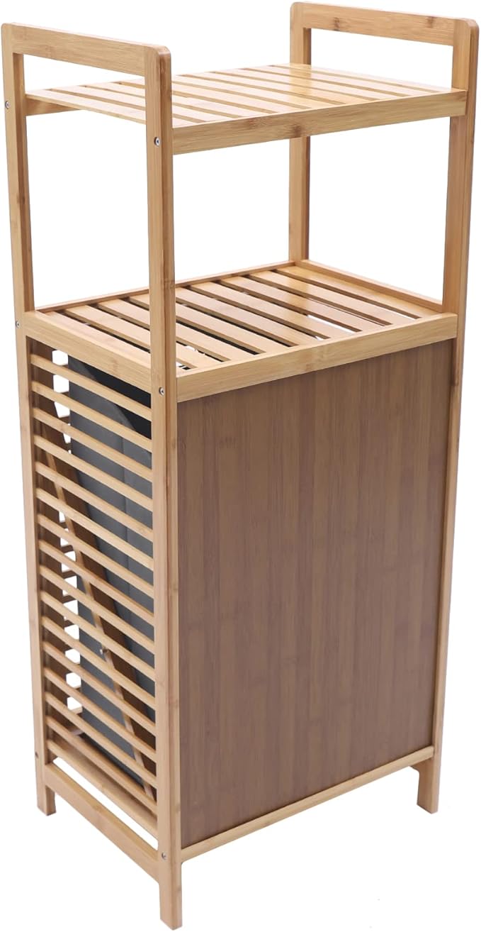 Bamboo Laundry Hamper with 2-Tier Shelves & Tilt Out Basket, Removable Clothes Basket Tower Organizer, Utility Laundry Sorter Cart Rolling with Clothes Hanging Rod for Bathroom