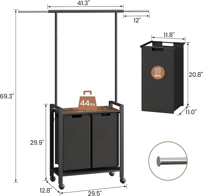 Laundry Basket With Wheels, Wood Shelf, Laundry Sorter With Retractable Hanging Bar, Laundry Hamper 2 Section, 2 × 13 Gal (49.2 L), Rolling Laundry Hamper With Hanging Rack For Laundry Room