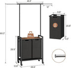 Laundry Sorter, Rolling Laundry Hamper 2-Section with Hanging Rack & Wheels,Laundry Basket Organizer for Laundry Room, Rustic Brown