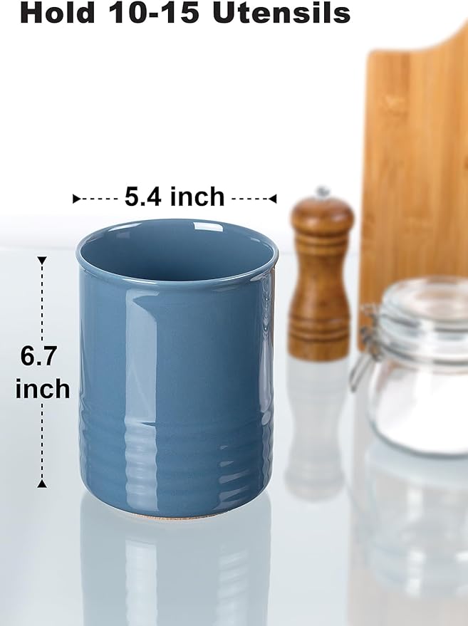 Utensil Holder, 6.7" Ceramic Kitchen Utensil Crock for Countertop Cooking, Modern Utensil Caddy Jar Organizer for Farmhouse Kitchen Counter Décor, Blue