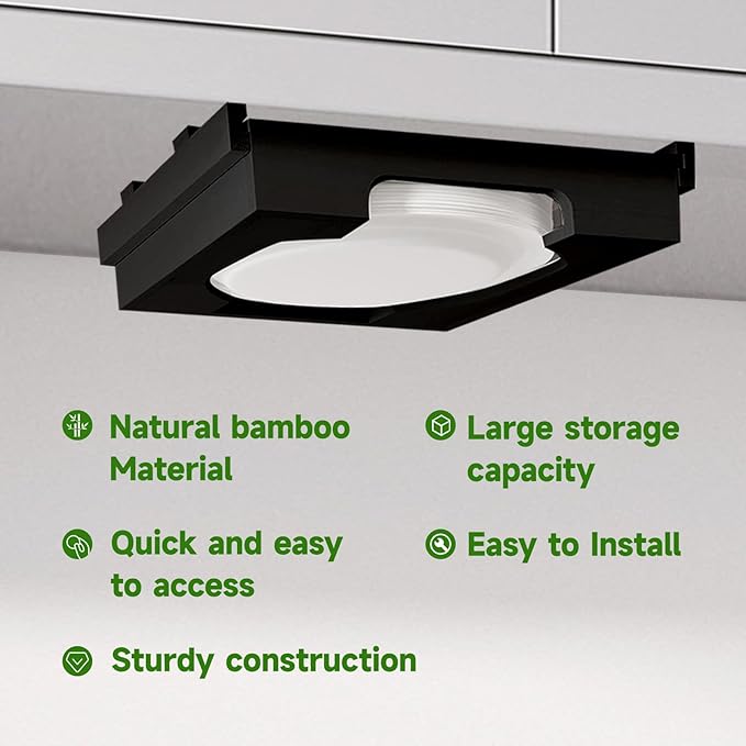 Paper Plate Dispenser Under Cabinet - 10 inch Bamboo Paper Plate Dispenser, Kitchen Counter Vertical Holder Organizer Countertop Caddy Black