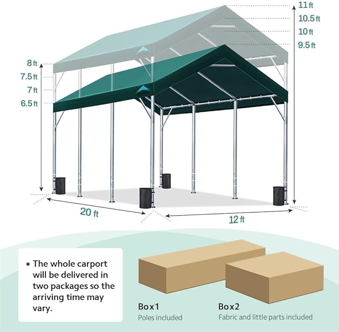 ADVANCE OUTDOOR 12x20 ft Canopy Garage Heavy Duty Carport Car Boat Shelter Party Tent, Adjustable Peak Height from 9.5ft to 11ft, Green