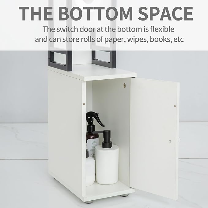 Small Bathroom Storage Cabinet, Narrow Side Bathroom Organizer w/Toilet Paper Roll Holder and Metal Frame, Slim Toilet Paper Storage Cabinet for Bathroom, White