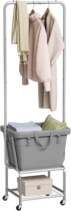 ELYKEN Laundry Cart with Hanging Rack, Rolling Laundry Hamper with Wheels, Laundry Basket with Removable Liner Bag and Shelf, Sturdy Metal Frame Dirty Clothes Basket for Hotel, Home, Closet, Dorm