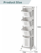 4-Tier Rolling Tiered Laundry Basket Organizer,Vertical Laundry Sorter with Wheels,Stacked Basket Holder for Bathroom & Laundry Room, White (54 Inch)
