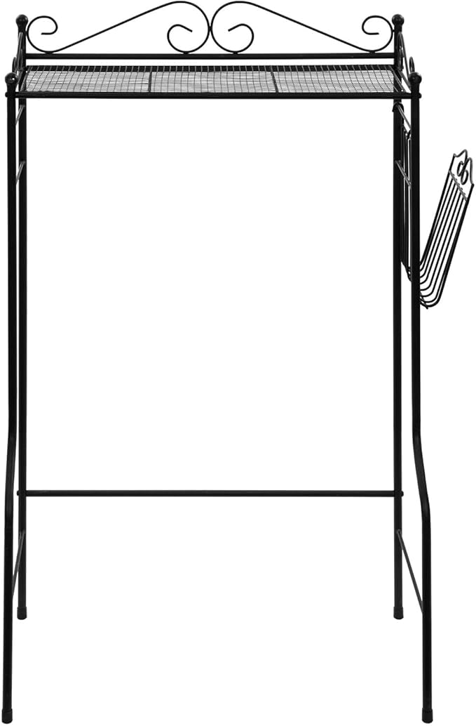 MyGift Over The Toilet Standing Shelf Storage with Magazine Basket, Freestanding Bathroom Space Saver Organizer Rack, Black Metal Vintage Scrollwork Accents