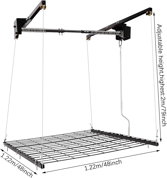 Overhead Garage Storage Rack Metal Garage Ceiling Storage Rack Ceiling Shelf Overhead Organization 300lbs Load Bearing Capacity Max Adjustable Height: 79in (48 * 48in L*W, Satin Black)