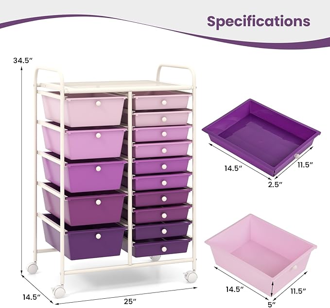 Giantex 15 Drawers Rolling Cart, Classroom Organizers, Storage Cart with Wheels, for Teacher Office Home School Supplies Tool Craft Art Paper, Purple Gradient