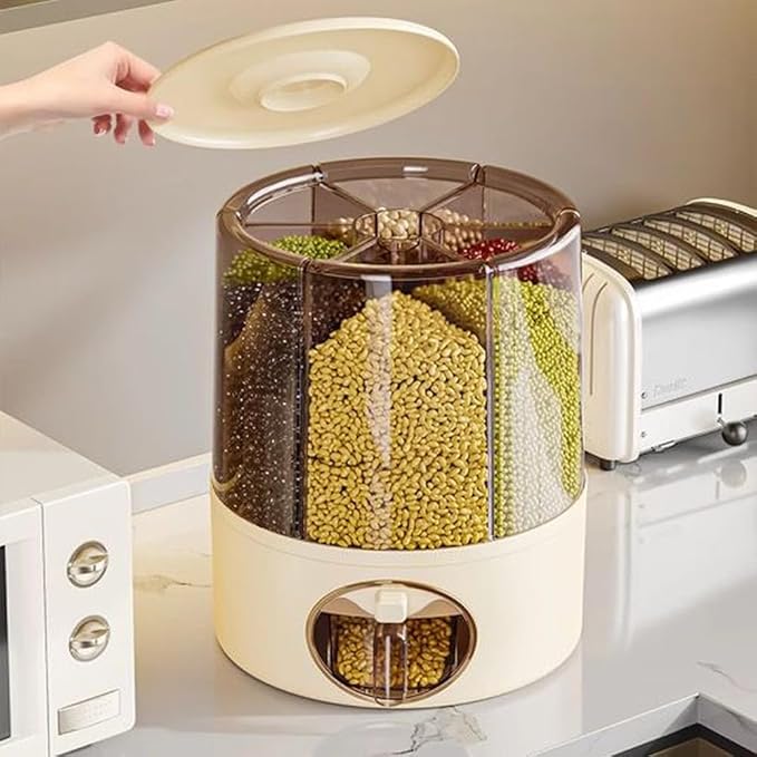 Premium 6-Grid Rotating Food Dispenser with Sealed Lid – 360° Rotation Grain Storage Container for Rice, Beans, Cereal, Peanuts, Barley, and More – Kitchen Pantry Organizer