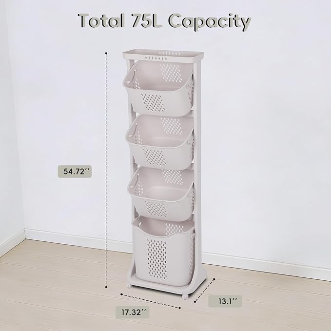 GCCSJ 3-Tier Rolling Laundry Hamper Sorter with Wheels, 75L Capacity & Removable Mesh Baskets, Foldable Storage Organizer Cart for Bedroom, Bathroom, Laundry Room (17.32"x13.1"x42.59")
