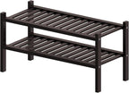 2 Tier (Thick) Bamboo Shoe Rack for Closet Free Standing Wood Shoe Shelf for Entryway Small Space Stackable 27"x12"x14" (Black Brown)