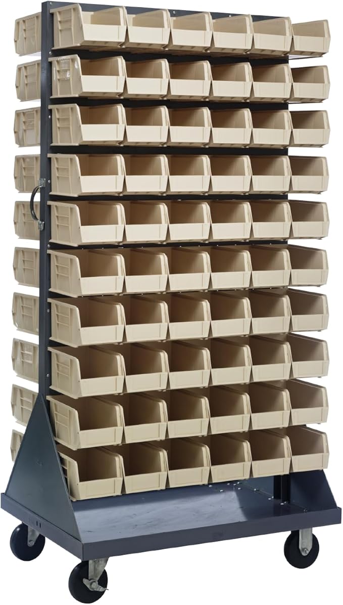 Quantum Storage QMD-36H-230IV Mobile Double Sided Gray Louvered Rack System with Bins, 36” L x 25” W 72” H, Ivory