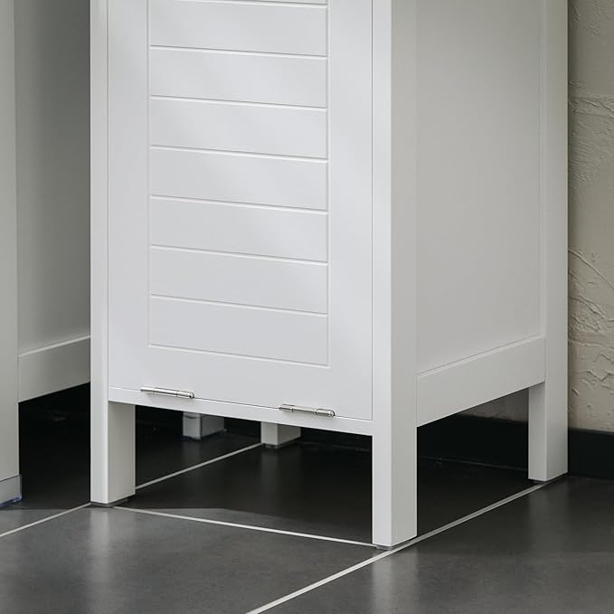 Haotian Small Tilt-Out Laundry Hamper Cabinet, Skinny Bathroom Storage Cabinet for Clothes Organization with Hidden Basket & Shelf, White BZR122-W