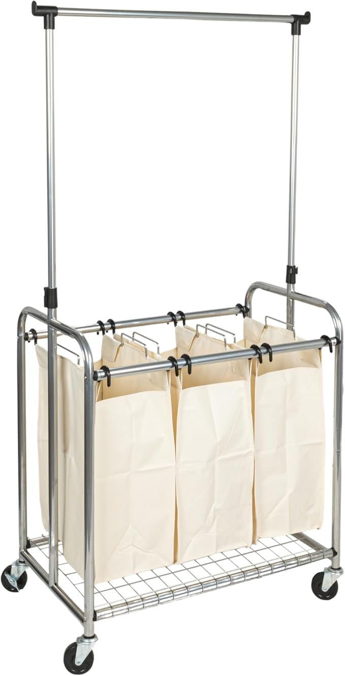 Household Essentials 3-Bag Laundry Sorter with Clothes Rack, Silver, Lightweight, Removable, Sturdy