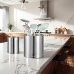 KSENDALO 3 Pack Stainless Steel Utensil Holder for Counter, Brushed Silver Metal Utensil Crock Canister with Heavy Base, Dishwasher Safe, for Kitchen Countertop Storage