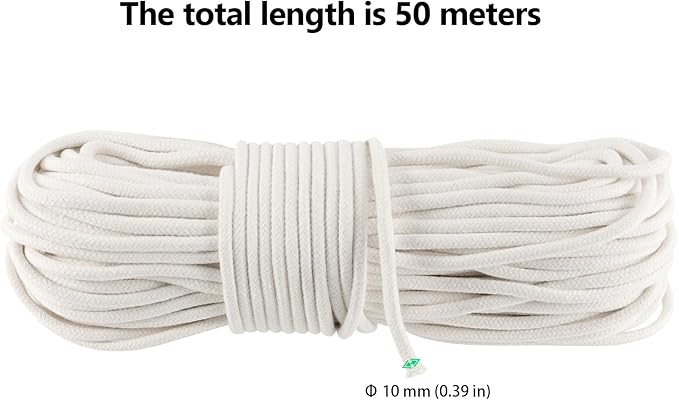 FUNSUEI 3/8 Inch 164 Feet White Cotton Clothesline Rope, Cotton Braided Clothesline Rope for Clothes Hanging, Plant Hanger, Knitting Crafts