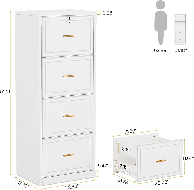 Tribesigns 4-Drawer File Cabinet with Lock, Locked File Cabinet with Key, Tall Wooden Filing Cabinets for Home Office, Vertical Office Storage for Legal Size/Letter/A4/Files, White