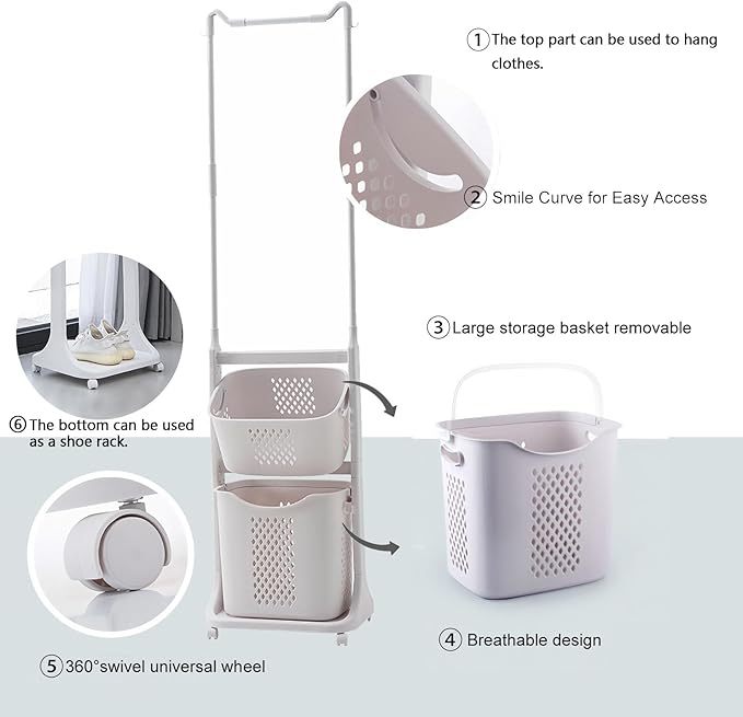 2-Tier Rolling Tiered Laundry Basket Organizer,Vertical Laundry Sorter with Wheels and Hanging Bar,Stacked Basket Holder for Bathroom & Laundry Room, White (68.5 Inch)