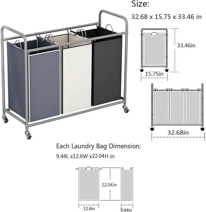 3-Bag Laundry Sorter Cart with Rolling Lockable Wheels, Removable Bags, 32.68 x 15.75 x 33.46 in, Black, Beige and Grey (Grey)