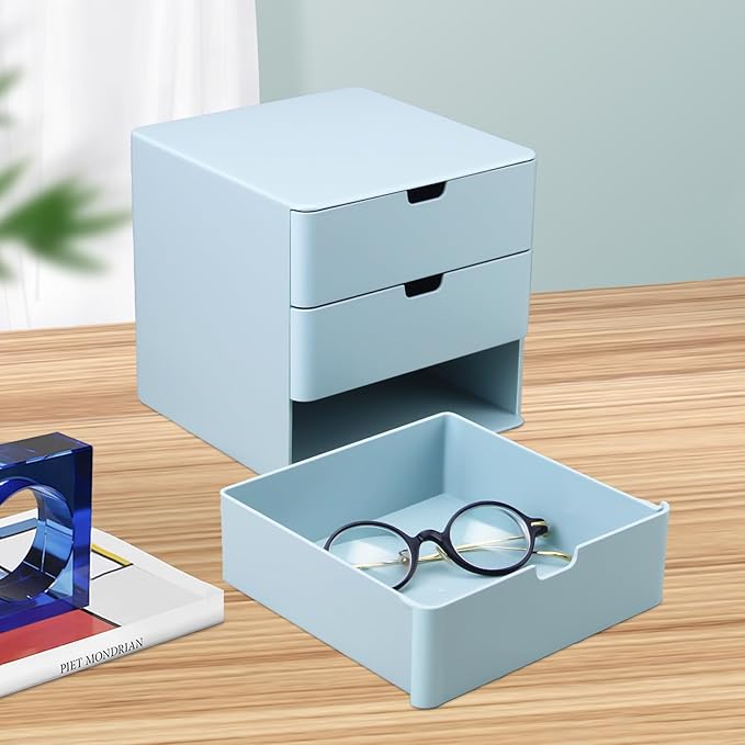 3-Drawer Vanity Organizer, Compact Storage Organization Drawers Blue