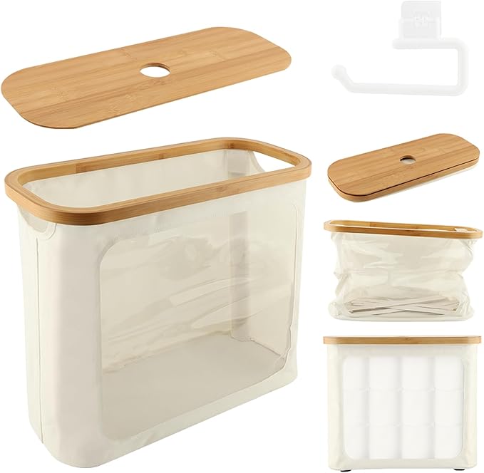Extra Toilets Roll Storage for 12 Rolls, Toilet Paper Storage with Bamboo Lid, Collapsible Bathroom Toilets Papers Holder Organizer(Color:Beige)