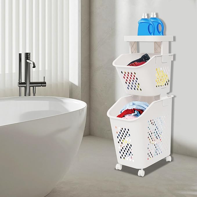 2-Tier Laundry Hamper Sorter with Wheels, Vertical Rolling Laundry Baskets Removable and Stackable, Space-Saving Cart Organizer for Dorm, Closet and Bathroom (2-Tier)