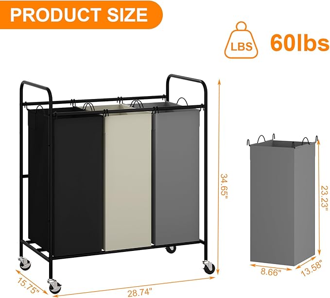 3 Section 3x40L Laundry Sorter Cart, Heavy Duty Laundry Basket with Lockable Wheels, 120L Large Rolling Laundry Hamper with Removable Bags for Dirty Clothes Storage