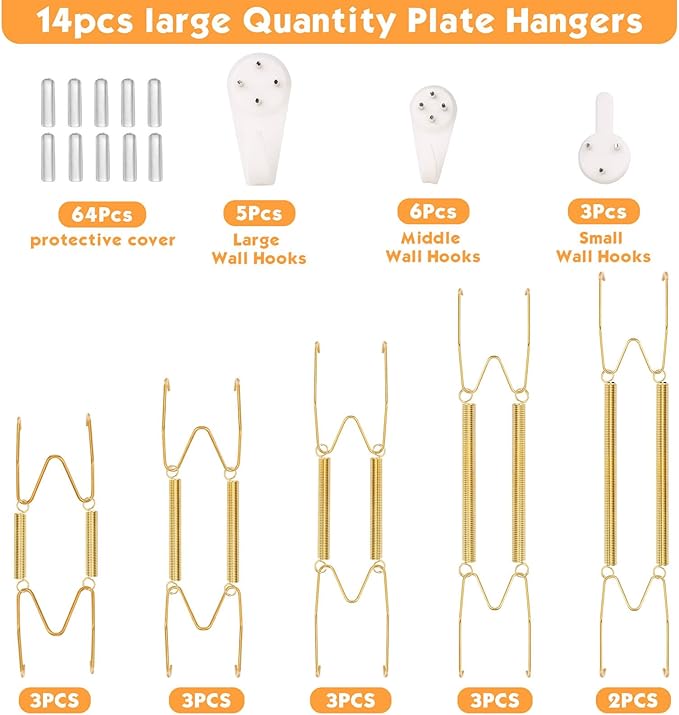 14 pcs Plate Hangers for The Wall, 4/6/8/10/12 Inch Invisible Decorative Wall Plate Hangers, Stainless Steel Plates Walls Hanger for Display Various Sizes with Hooks for Decorative