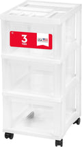 IRIS USA Plastic Drawer Storage Organizer Rolling Cart, with Wheels Casters, 3-Drawers, for Classroom Art Craft Supplies Dresser Closet Bathroom Laundry Room, White/Clear