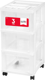 IRIS USA Plastic Drawer Storage Organizer Rolling Cart, with Wheels Casters, 3-Drawers, for Classroom Art Craft Supplies Dresser Closet Bathroom Laundry Room, White/Clear