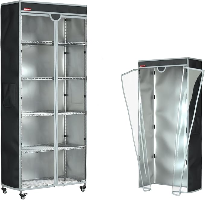 Waterproof and Dustproof Shelf Cover for Storage Shelving and Wire Rack, Fits Racks 30" L x 14" D x 62" H, Clear Front Cover with Zipper Design (Black, No Shelves)