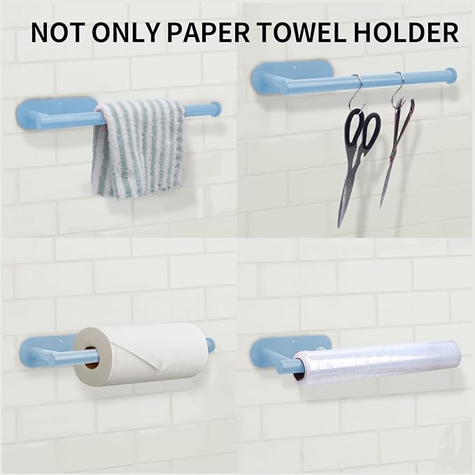 YeeBeny Blue Paper Towel Holder - Self Adhesive or Drilling, Under Cabinet Blue Paper Towel Rack, Wall Mounted Roll Holder for Kitchen