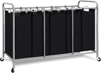 STORAGE MANIAC 5 Section Laundry Sorter, 5 Bins Rolling Separator Laundry Basket, Dirty Clothes Hamper Divider with Heavy Duty Rolling Lockable Wheels, Large Clothes Organizer Cart, Black
