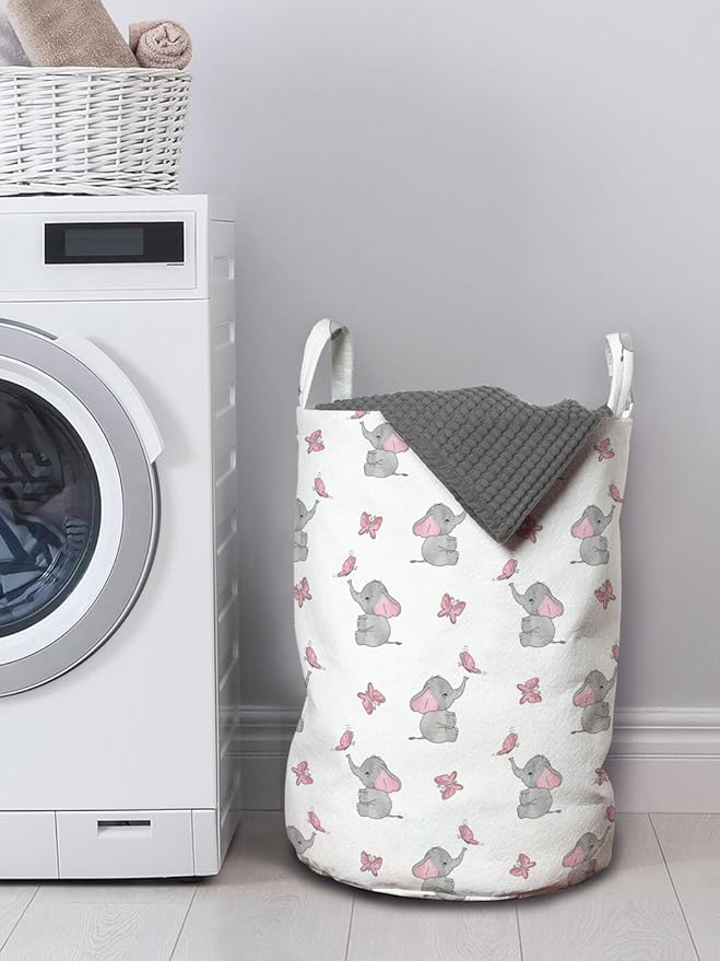 Ambesonne Animal Cartoon Laundry Bag Pack of 2, Playing Butterflies Design Pattern, Hamper Basket with Handles Drawstring Closure, 13" x 19", Grey Pink