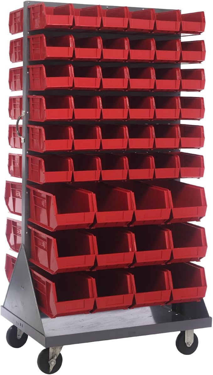Quantum Storage Systems QMD-36H-230240RD Mobile Double Sided Gray Louvered Rack System with Bins, 36” L x 25” W 72” H, Red