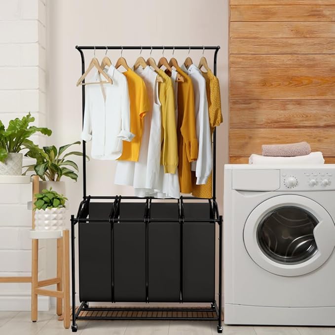 LUCKUP Laundry Sorter 4 Sections with Hanging Bar, 4 Bags Laundry Hamper Rolling Laundry Basket Cart with Lockable Wheels for Laundry Room Bathroom Bedroom, Black