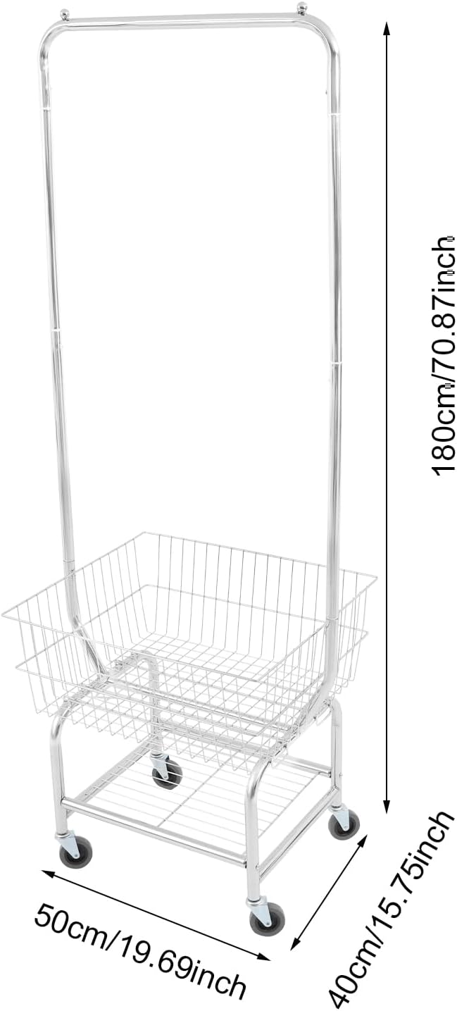 Laundry Cart with Hanging Rack, Wire Laundry Basket with Wheels, Laundry Hamper with Storage Basket & Shoe Rack, Rolling Laundry Hamper Sorter for Laundry Room Bathroom Bedroom, Silver