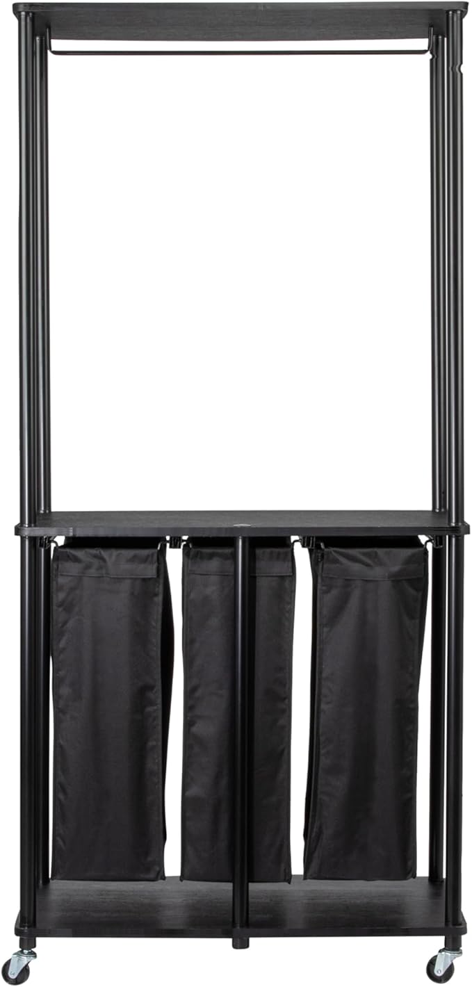 Household Essentials 3-Bag Laundry Center, Smooth Laminate Shelving, Sturdy Steel Frame