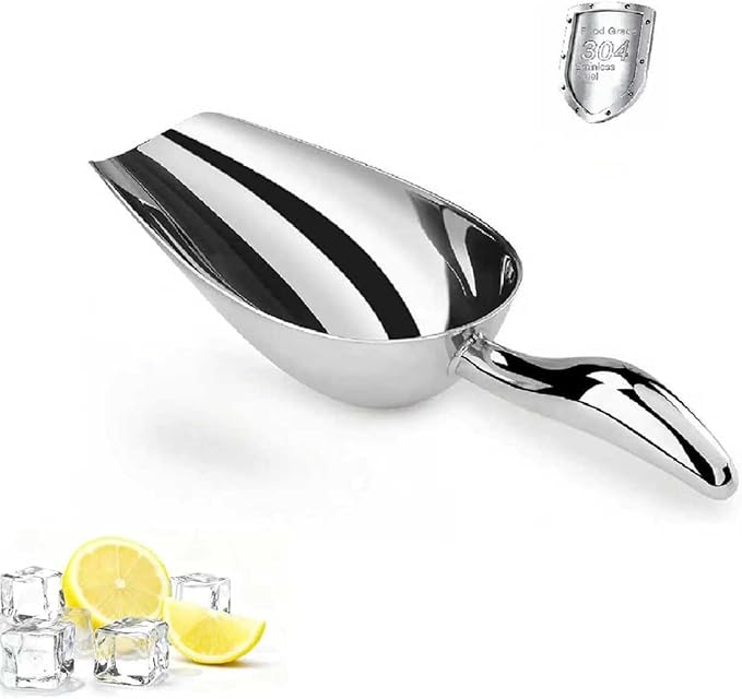 304 Stainless Steel Ice Scoop - 8oz Heavy Duty Ice Shovel for Freezer & Ice Maker, Commercial Scooper for Kitchen, Bar, Party Ice Bucket (Sleek Silver)
