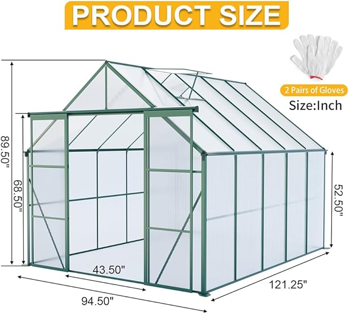 Double Sliding Door Polycarbonate Greenhouse with Rain Gutter and Roof Vent, Raised Base and Anchor Aluminum Heavy Duty Walk-in Green House, Outdoor Patio Sunroom (Green, 121.25*94.5*89.5in)