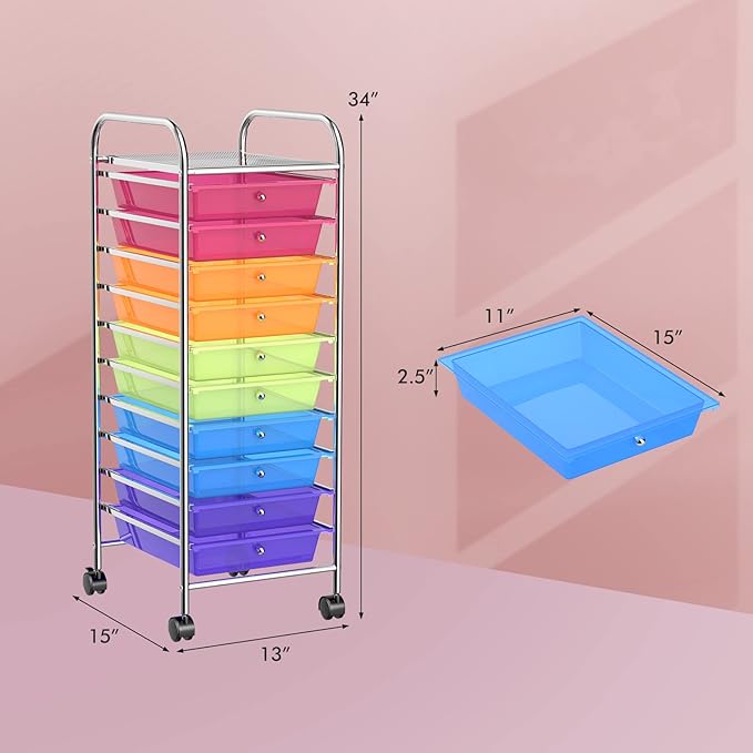 Storage Cart, Rolling Utility Cart with 10 Drawers, Portable Handles & Lockable Wheels, Mobile Paper Toys Storage Organizer Large Capacity for Home Office School Teacher (Rainbow)
