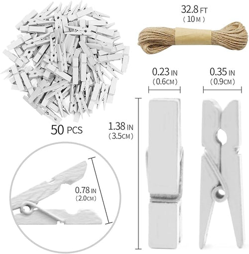 1.35 Inch Mini Clothes Pins for Photo100 Pcs with 32 Feet Jute Twine, Mini Clothes Pins for Crafts, Wooden Small Clothespins for Pictures, Tiny Decorative Clothespins for Baby Shower (White)