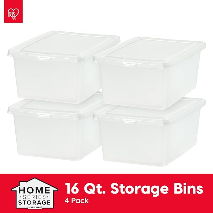IRIS USA 4-Pack Storage Bins with Lids, 17 Quart, Shoe Boxes Clear Stackable Containers Organize Shoes Closet Shelves, Classroom Organization Teacher Tools, Game Storage - BPA-Free Plastic
