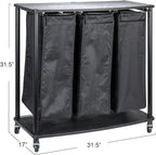 Household Essentials 3-Bag Laundry Sorter, Smooth Laminate Shelving, Sturdy Steel Frame, Wheeling and Stationary Feet Options, Washable Linen Laundry Bags, 3-Load Capacity, Versatile, Black